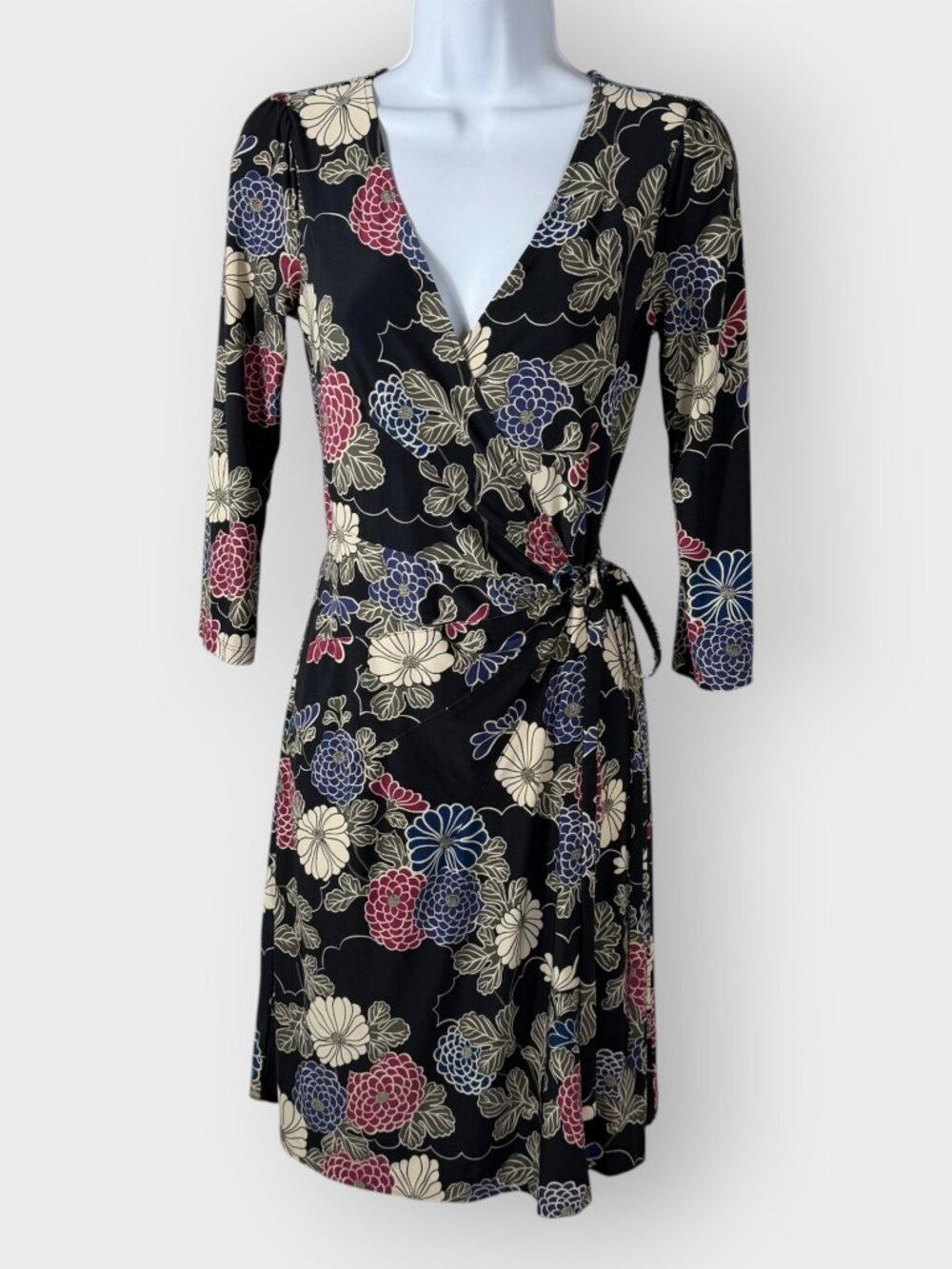 Vtg Y2k Express True Wrap Dress | XS | Black Floral | Lorelai Gilmore Girls
